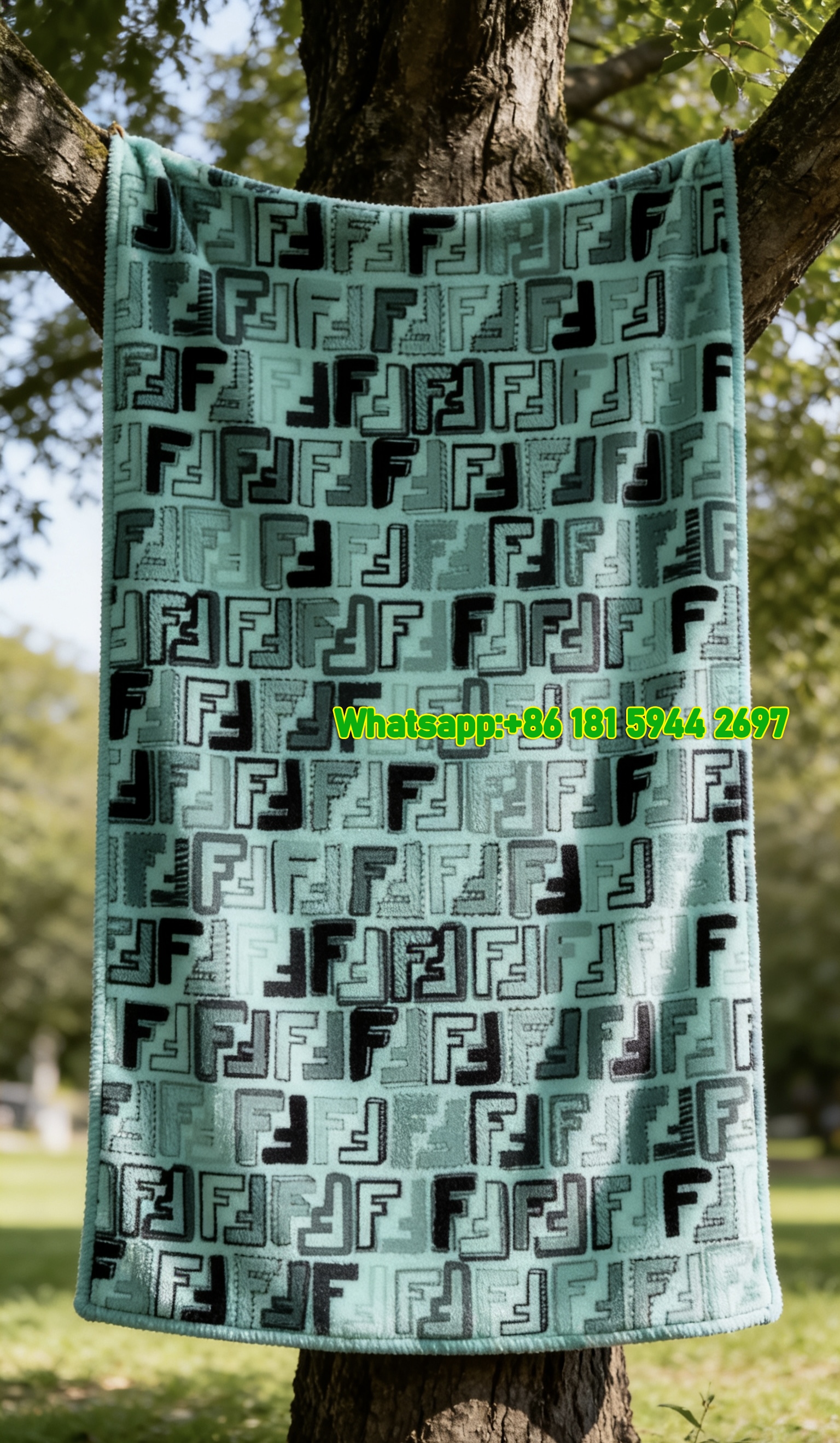 Fendi Mint Green Sketch FF Monogram Flannel Sofa Throw Blanket IMG_9444